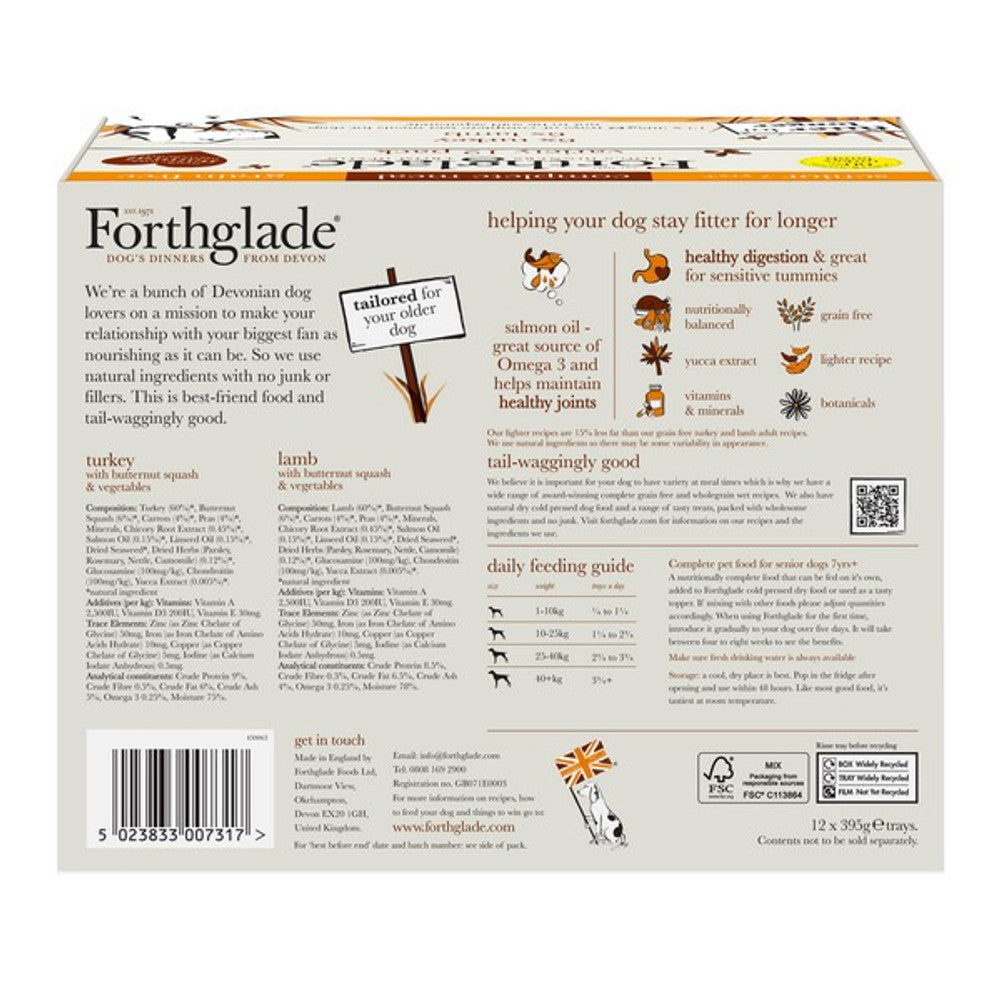 Forthglade Grain Free Turkey & Lamb with Vegetables Complete Senior Wet Dog Food Variety Pack 12x395g