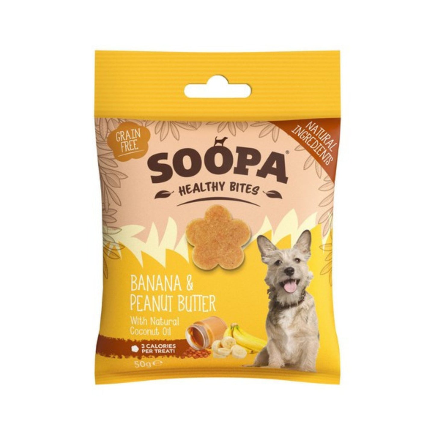 A 50g bag of Soopa Healthy Bites dog treats, Banana & Peanut Butter flavor, featuring a yellow and beige packaging design with a picture of a dog and a banana.