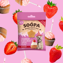 SOOPA Birthday Healthy Bites package with strawberries and cupcakes on a pink background