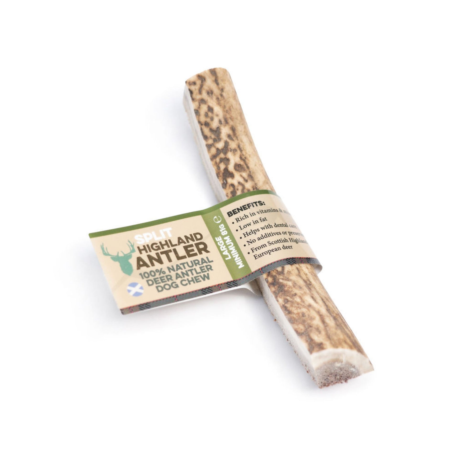 A single Highland Antler dog chew bone with its paper band packaging, photographed on a clean white background.