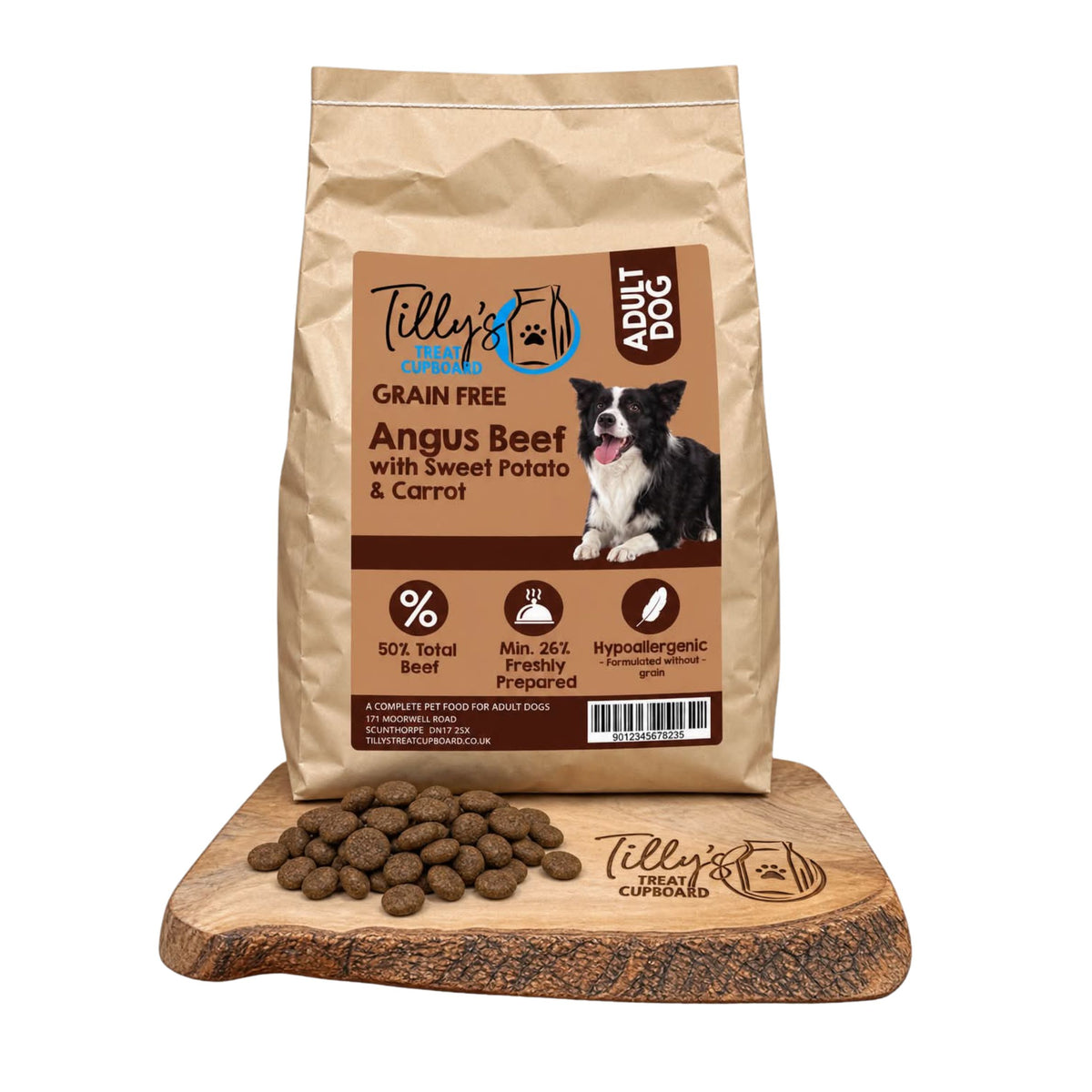 A bag of Tilly's Treat Cupboard Grain Free Adult Dog food in Angus Beef with Sweet Potato & Carrot, displayed on a wooden cutting board with kibble pieces in front, against a white background.