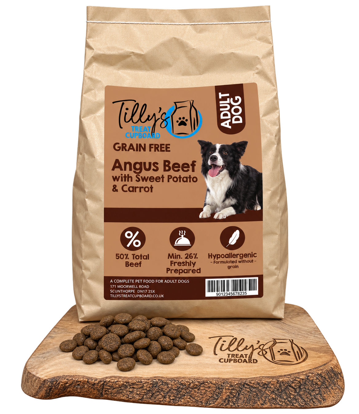 A bag of Tilly's Treats Cupcake Adult Dog grain-free dog food stands on a wooden cutting board with kibble pieces scattered in front. The bag is kraft brown with a large tan label featuring a black-and-white dog photo and product text.