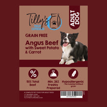 Packaging for Tilly's Grain Free Adult Dog Food with an image of a dog on the front, with main ingredients such as Angus Beef with Sweet Potato & Carrot.