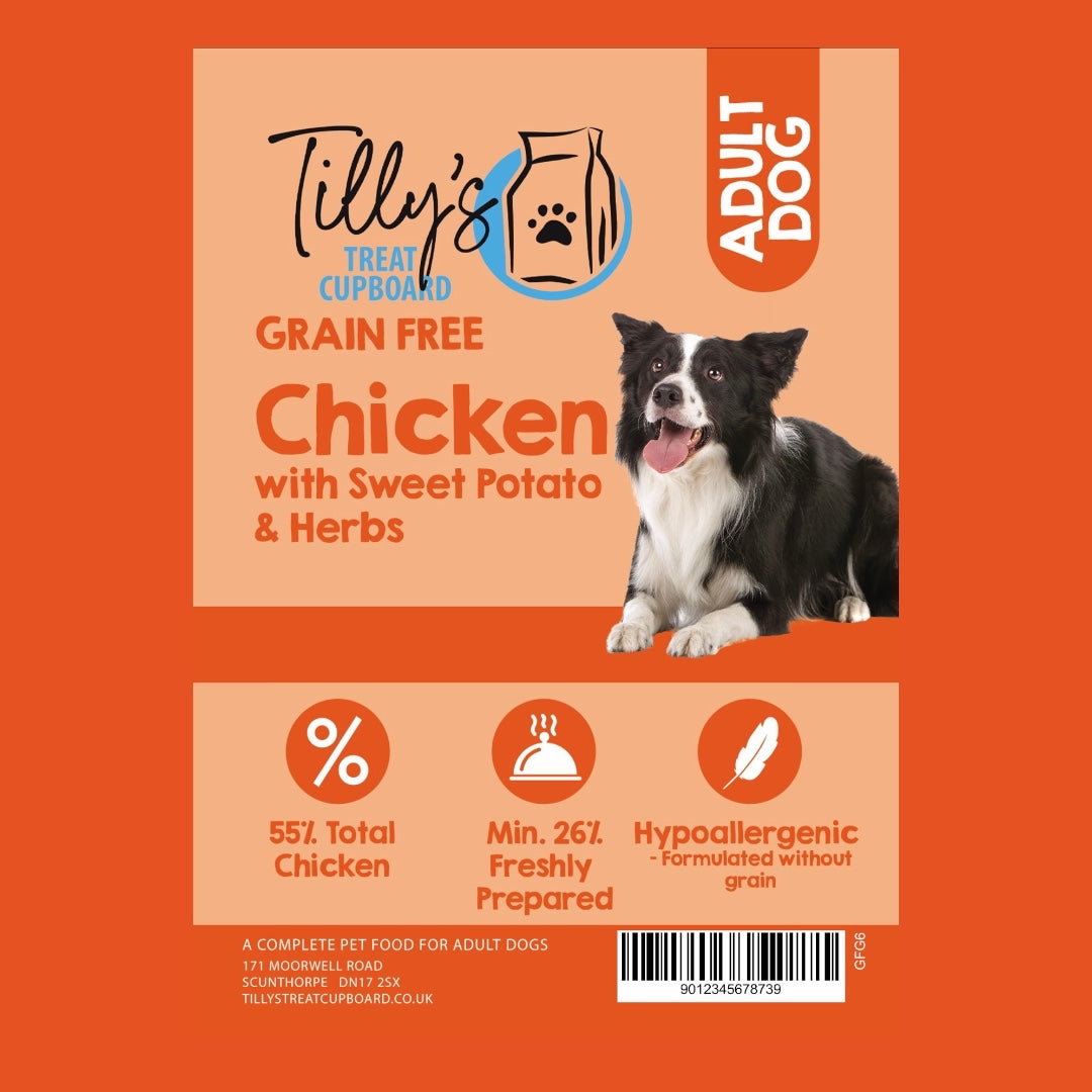 Packaging of Tilly's Grain Free Chicken with Sweet Potato & Herbs dog food featuring an image of a dog and details of the product as grain-free, hypoallergenic, with chicken, sweet potato, and herbs.