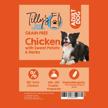Packaging of Tilly's Grain Free Chicken with Sweet Potato & Herbs dog food featuring an image of a dog and details of the product as grain-free, hypoallergenic, with chicken, sweet potato, and herbs.