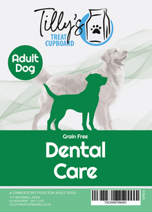 Tilly's Treat Cupboard dog food package for adult dogs with dental care focus.