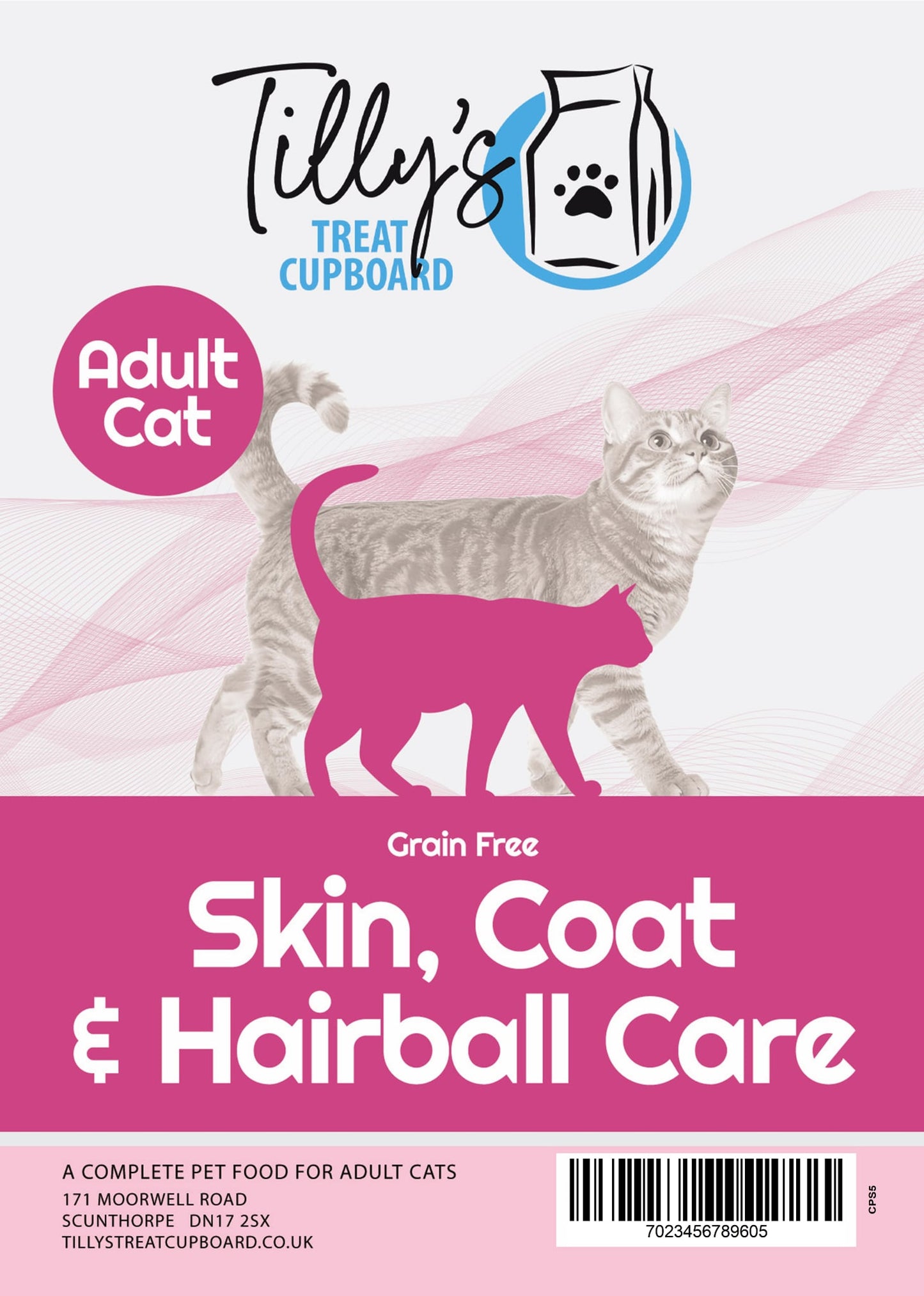 Tilly's Treat Cupboard cat food package for adult cats with a pink cat illustration on a white background.
