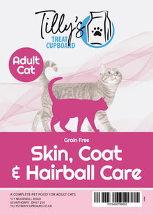 Tilly's Treat Cupboard cat food package for adult cats with a pink cat illustration on a white background.