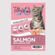 Packaging for Tilly's Sterilised Adult Cat Salmon with White Fish food, featuring an image of a sterilised cat on the front, with the product details.
