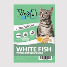 Packaging for Tilly's Sterilised Adult Cat White Fish with Herring Caviar. The packaging features an image of a sterilised cat and details about the product being formulated for sterilised adult cats.