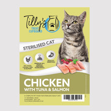 Packaging of Tilly's Sterilised Cat food with images of a cat and pieces of chicken, tuna, and salmon.