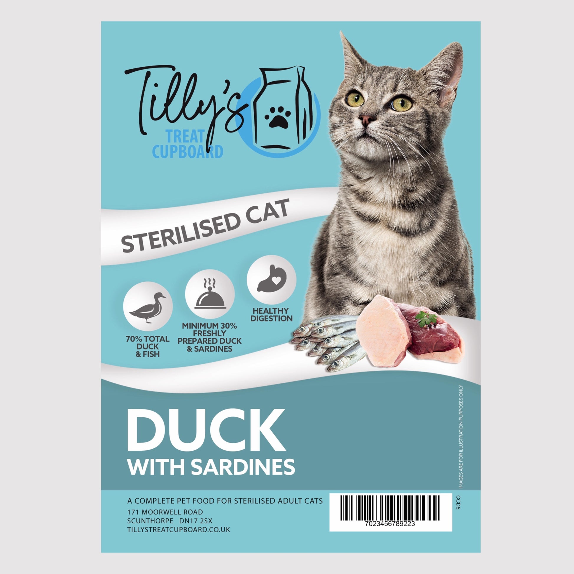 Packaging for Tilly's Sterilised Adult Cat Duck with Sardines. The front features an image of a sterilised adult cat with the product name and pictures of duck and sardines.