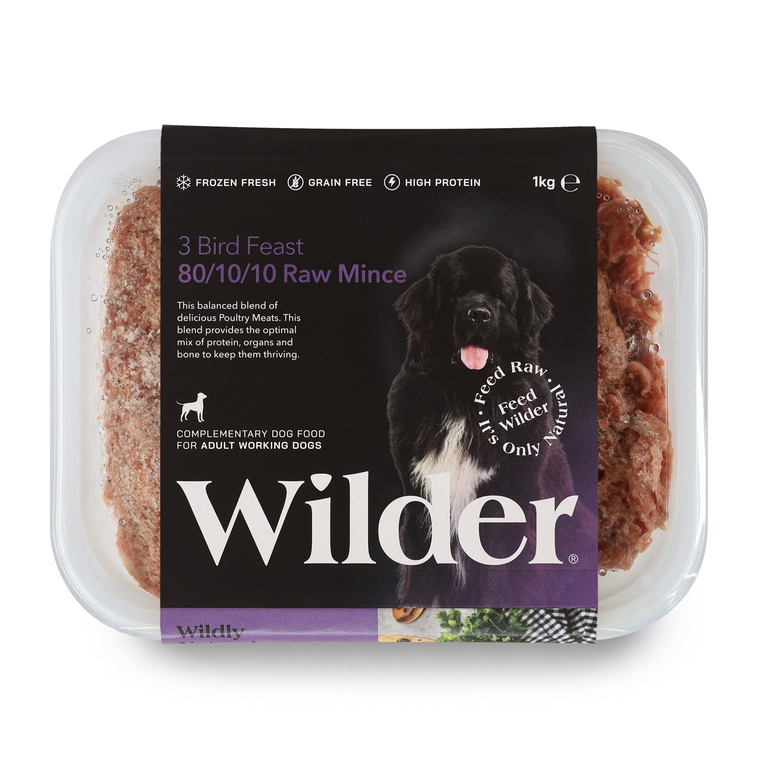 Packaged dog food with Wilder branding on a white background