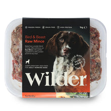 Packaged dog food with 'Wilder' branding on a white background
