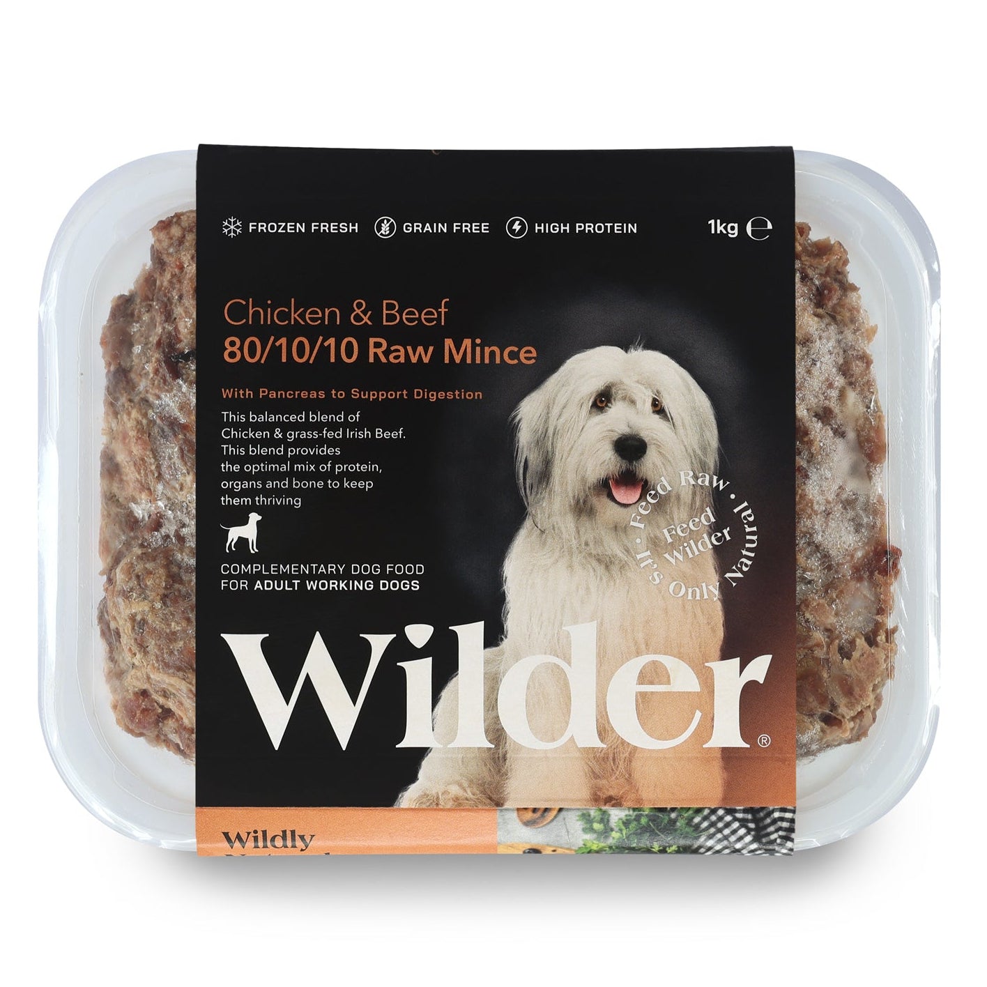Wilder raw dog food package with a dog on the label