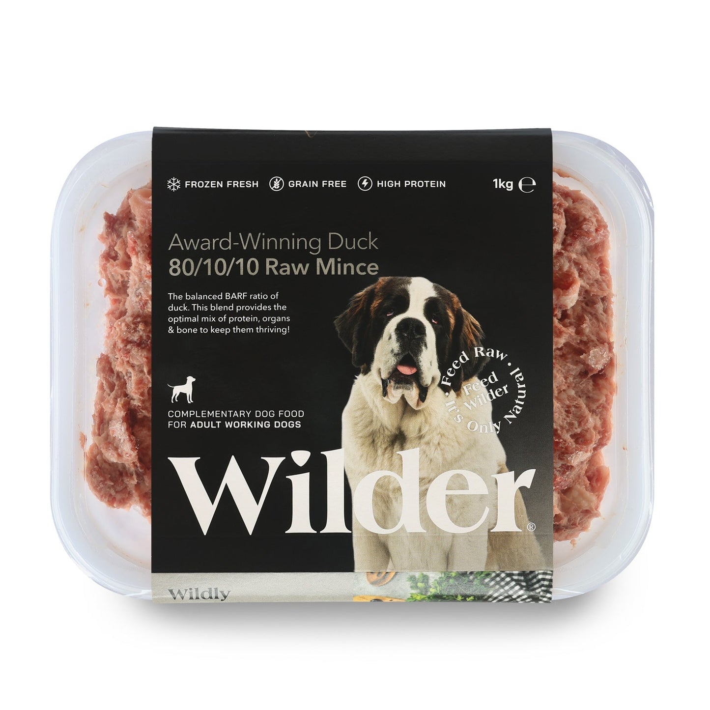 Wilder dog food packaging with a label on a white background