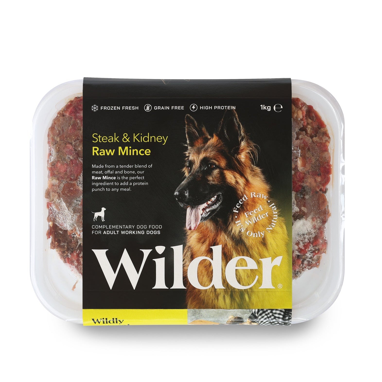 Wilder raw dog food package with a German Shepherd on the label