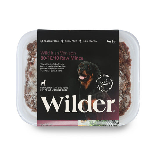 Packaged 80/10/10 raw mince dog food with Wilder branding on a white background