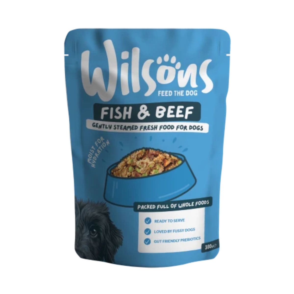 A blue stand-up pouch of Wilsons Fish & Beef dog food, featuring a bowl of wet dog food, a small black dog illustration, and white and black text on a clean white background.