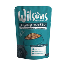 A 380g stand-up pouch of Wilsons Tender Turkey wet dog food, featuring a teal background with white branding and a photo of the food in a bowl.