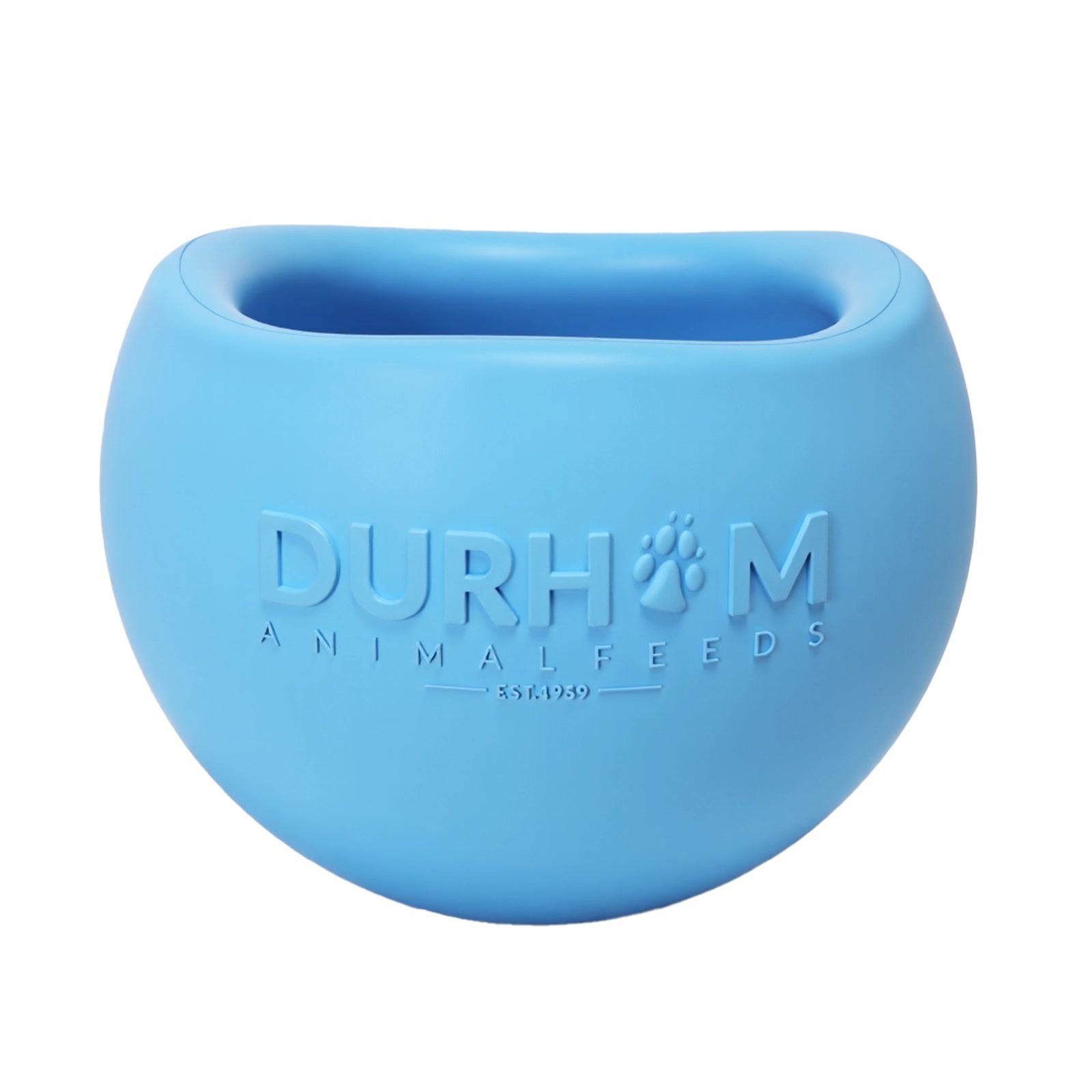 Blue wobble bowl with Durham Animal Feeds written on the side