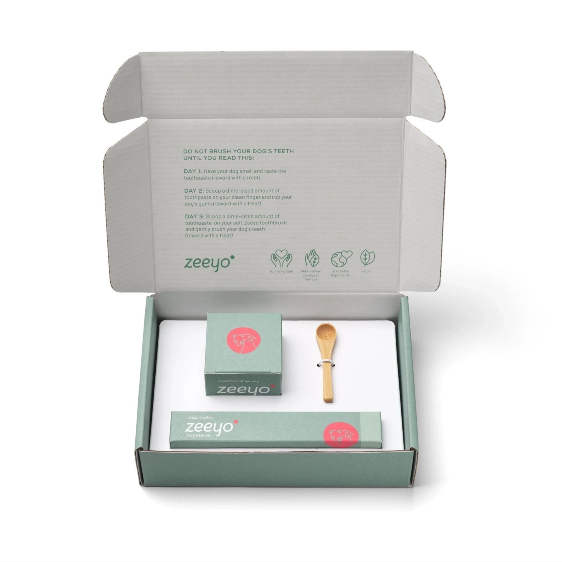 Zeeyo dental care kit with a spoon and instructions on a white background