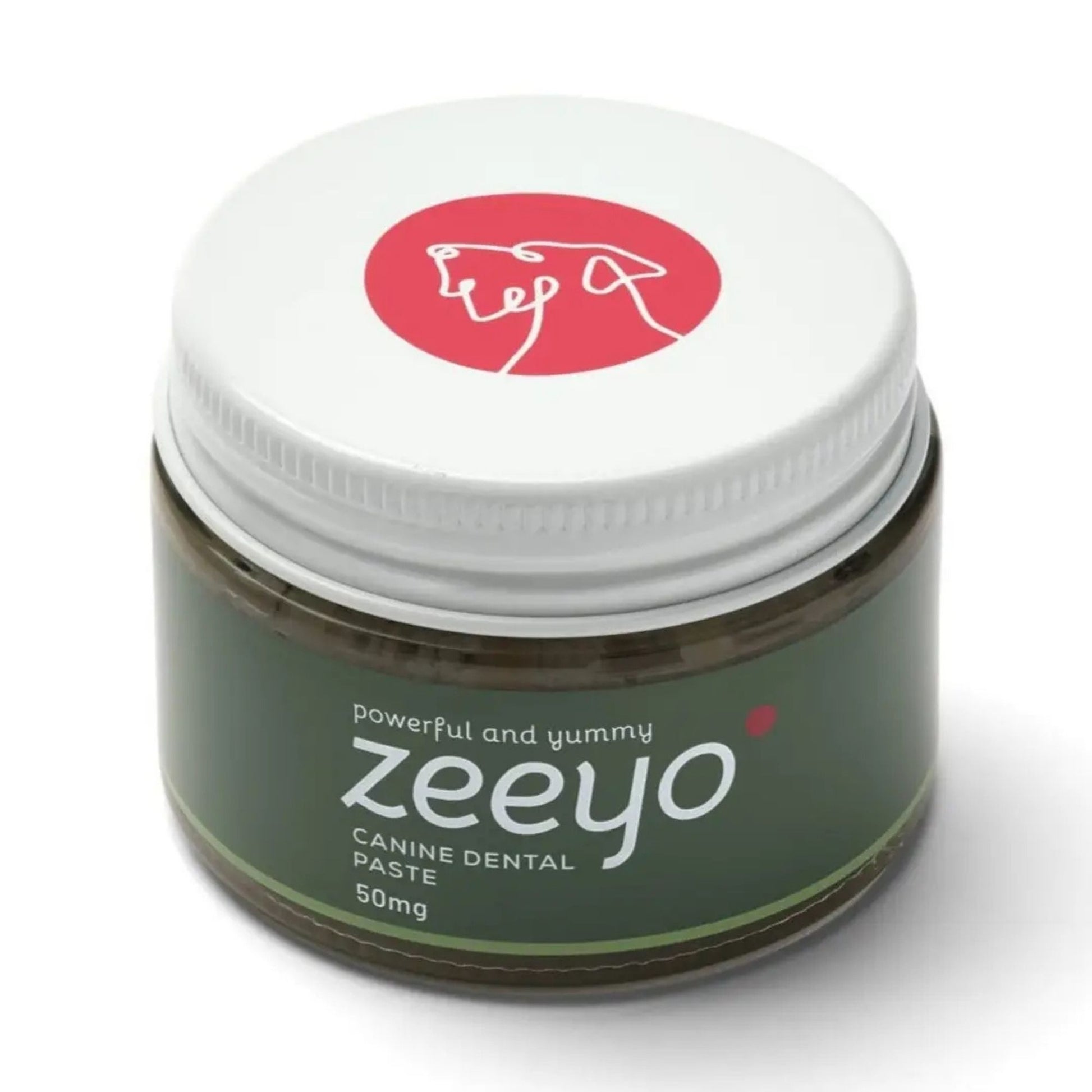 Zeeyo canine dental paste jar with white lid on a white background