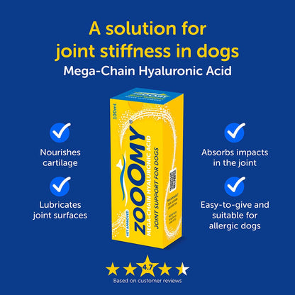 Box of Zoomy Mega-Chain Hyaluronic Acid for dogs on a blue background with text about its benefits.