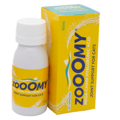 Zoomy mega-chain hyaluronic acid joint support for cats bottle and packaging on a white background