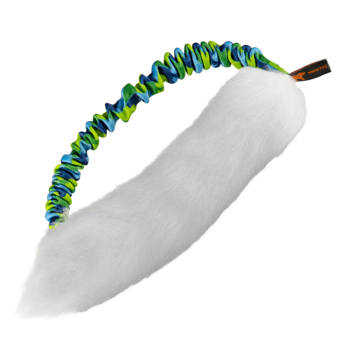 A white sheepskin dog toy with a multicoloured bungee handle, designed for tug-of-war games.